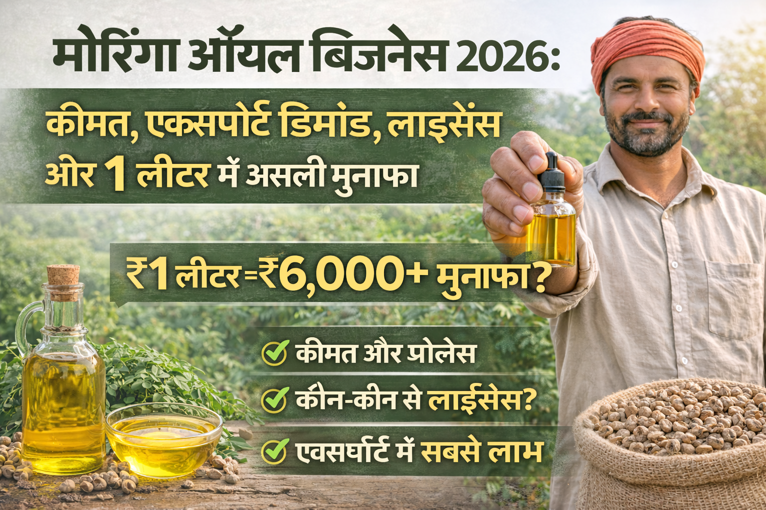 मोरिंगा ऑयल बिज़नेस 2026: कीमत, एक्सपोर्ट डिमांड, लाइसेंस और 1 लीटर में असली मुनाफा
